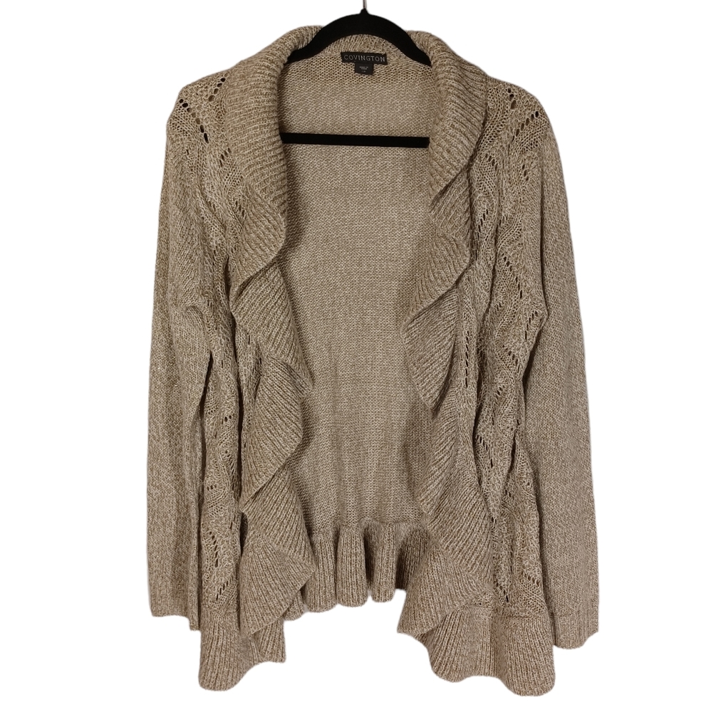 COVINGTON Light Brown Tan Shimmer Ruffle Open Long Sleeve Knit Sweater Large